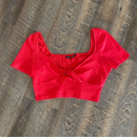SHEIN Top Ribbed Crop Red Tie Front Festival Party Stretch - Picture 2 of 9
